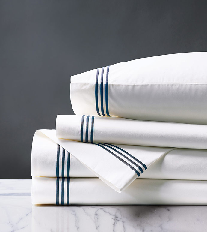 Tessa Satin Stitch Sheet Set in White/Navy